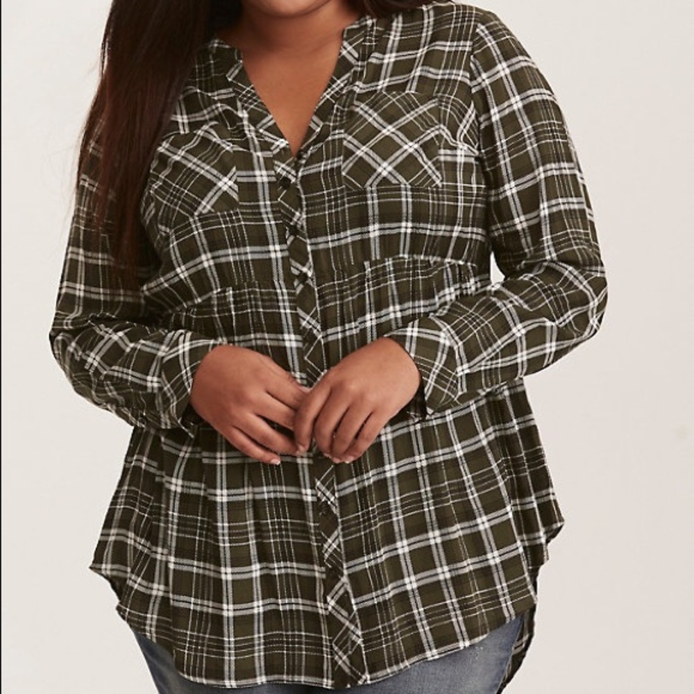 Torrid plaid babydoll tunic button- up hi-lo 2 2X